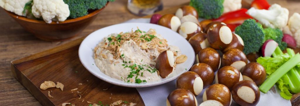 triple onion dip with toasted pretzilla bites