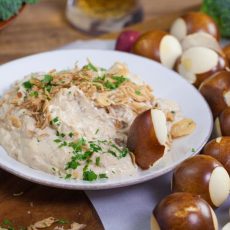 triple onion dip with toasted pretzilla bites