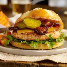 Salmon Burger with Peppered Bacon