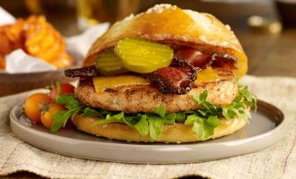 Salmon Burger with Peppered Bacon